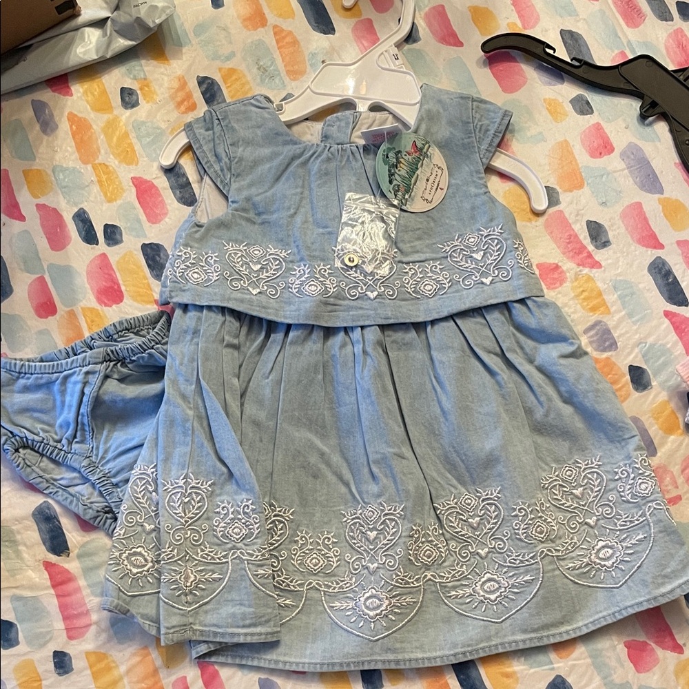 NWT Aphorism Blue Dress with White Embroidery